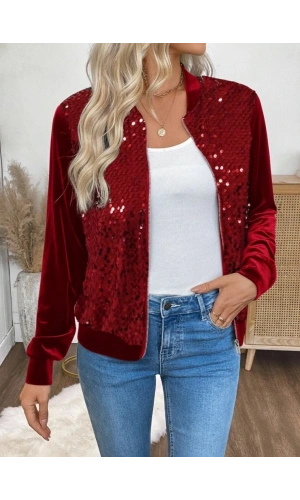 Bidebuvar Kadın Uzun Kollu önü Açık Fermuarlı Pulpayetli Kadife Ceket