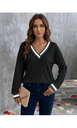 Bidebuvar Kadın Uzun Kollu V Yakalı Waffle Bluz