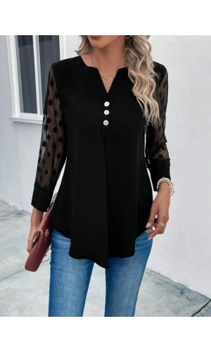 Bidebuvar Kadın Uzun Kollu Yakadan Düğmeli Kolları Tül Detaylı Viskon Bluz