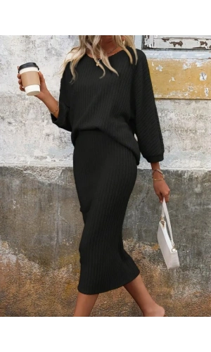 Bidebuvar Kadın Uzun Kollu Yakası Açık Yarasa Kollu şardonlu Kaşkorse Bluz Ve Etek Takım