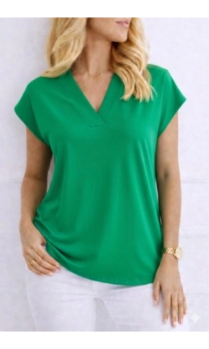 Bidebuvar Kadın V Yaka Kısa Kol Dokuma Viskon Kumaş Bluz