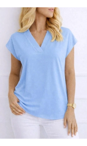 Bidebuvar Kadın V Yaka Kısa Kol Dokuma Viskon Kumaş Bluz