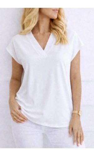 Bidebuvar Kadın V Yaka Kısa Kol Dokuma Viskon Kumaş Bluz