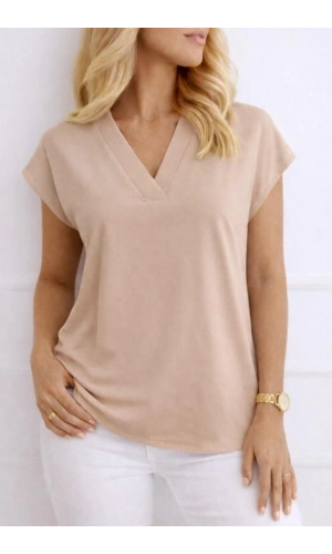 Bidebuvar Kadın V Yaka Kısa Kol Dokuma Viskon Kumaş Bluz