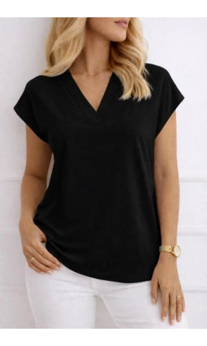 Bidebuvar Kadın V Yaka Kısa Kol Dokuma Viskon Kumaş Bluz