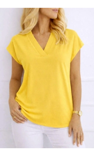 Bidebuvar Kadın V Yaka Kısa Kol Dokuma Viskon Kumaş Bluz
