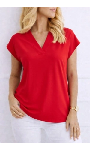 Bidebuvar Kadın V Yaka Kısa Kol Dokuma Viskon Kumaş Bluz