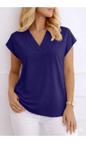 Bidebuvar Kadın V Yaka Kısa Kol Dokuma Viskon Kumaş Bluz