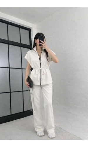 Bidebuvar Kadın Yarasa Kol Fermuar Ve Lastikli Bağcık Detay Ceket Pantolon Ikili Takım