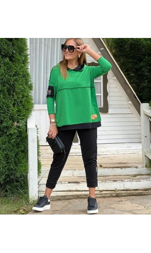 Bidebuvar Kadın Yeşil Kapşonlu Etek Ucu Detay Arma Ters Dikiş Gorunumlu Ikili Takım