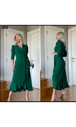 Bidebuvar Kadın Yeşil Krep Kumaş Midi Boy Kuşaklı Uzunkol Elbise