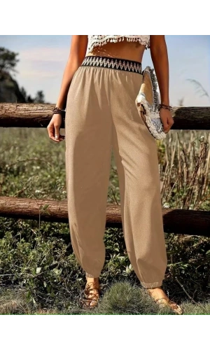 Bidebuvar Kadın Yüksek Bel Beli Lastikli Dökümlü Ve Beli şeritli Pera Pantolon