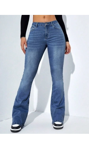 Bidebuvar Kadın Yüksek Bel Cepli İspanyol Paçalı Kot Jeans Pantolon