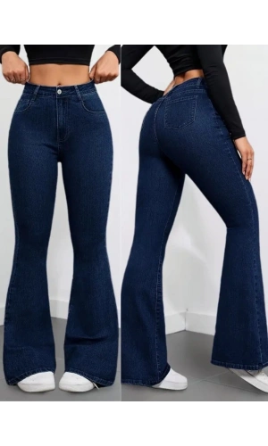 Bidebuvar Kadın Yüksek Bel Cepli İspanyol Paçalı Kot Pantolon