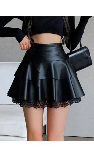 Bidebuvar Kadın Yüksek Bel Fırfırlı Dantelli Kısa Deri Etek