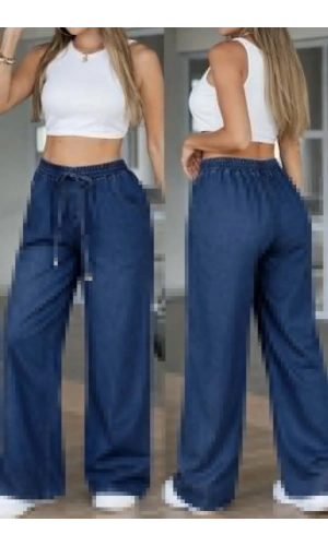 Bidebuvar Kadın Yüksek Bel Lastikli Bağcıklı Kot Pantolon