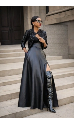 Bidebuvar Kadın Yüksek Bel Uzun Yırtmaçlı Deri Etek