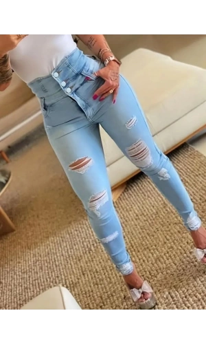 Bidebuvar Kadın Yüksek Belli önden Düğmeli Yırtık Detaylı Kot Pantolon