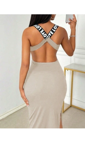 Bidebuvar Kadın Yuvarlak Yaka Sırttan çapraz şerit Love Detaylı Yırtmaçlı Viskon Elbise