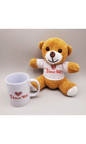 Bidebuvar Kahverengi I Love You Tişörtlü Ayıcık ve Baskılı Kupa Seti