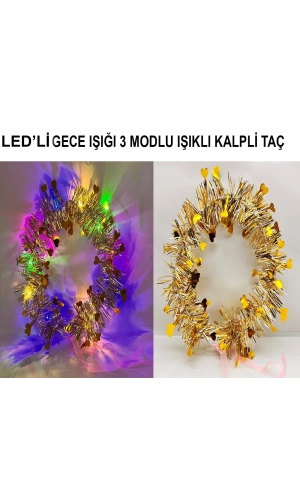 Bidebuvar Kalp Püsküllü 3 Modlu LED Işıklı Taç Altın Renk