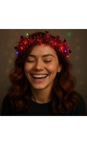 Bidebuvar Kalp Püsküllü 3 Modlu LED Işıklı Taç Kırmızı Renk