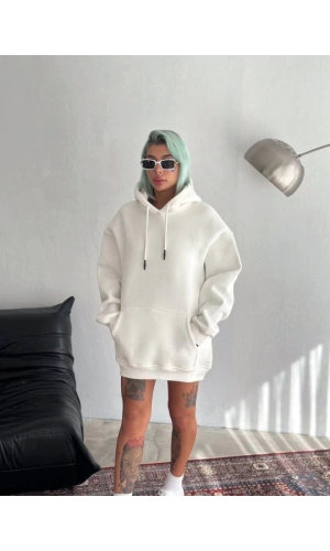 Bidebuvar Kapşonlu Üç İplik Penye Basic SweatShirt - Beyaz