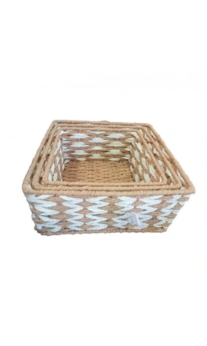 Bidebuvar Kare Örgü Desenli Doğal Hasır Sepet Seti - 3lü
