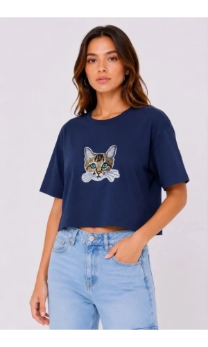 Bidebuvar Kedi Baskılı Oversize Crop Tişört Salaş Basic Yarım Kol T-shirt - Lacivert