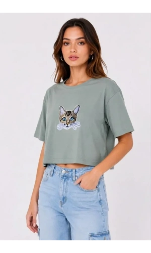 Bidebuvar Kedi Baskılı Oversize Crop Tişört Salaş Basic Yarım Kol T-shirt - Mint Yeşili
