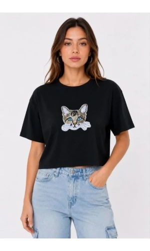 Bidebuvar Kedi Baskılı Oversize Crop Tişört Salaş Basic Yarım Kol T-shirt - Siyah