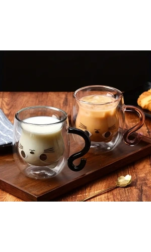 Bidebuvar Kedi Figürlü Çift Cidarlı Cam Bardak