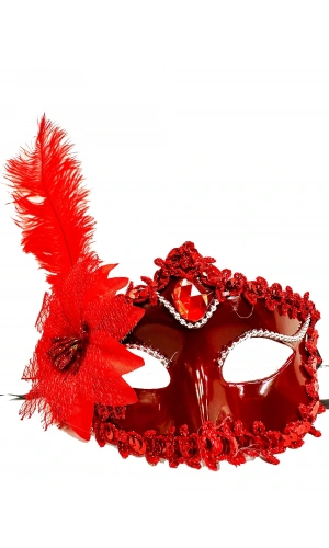 Bidebuvar Kırmızı Güllü ve Tüylü Venedik Maskesi