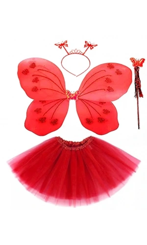 Bidebuvar Kırmızı Kelebek Kostümü - Kostüm Aksesuar Seti 4 Parça
