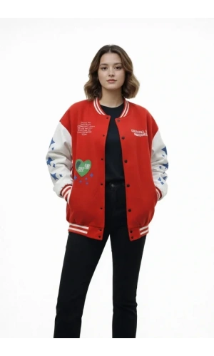 Bidebuvar Kırmızı Varsity Çıtçıtlı Baskılı Oversize Kalıp Kolej Ceket - Kırmızı