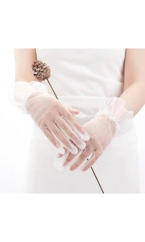 Bidebuvar Kısa Boy Likralı Güpürlü Yetişkin Tül Eldiven