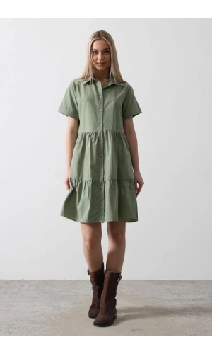 Bidebuvar Kısa Kol Düğmeli Elbise - Haki