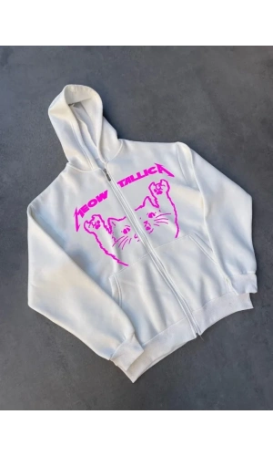 Bidebuvar Kışlık Baskılı Fermuarlı Kapüşonlu Hırka - Beyaz