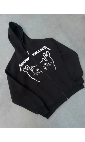 Bidebuvar Kışlık Baskılı Fermuarlı Kapüşonlu Hırka - Siyah