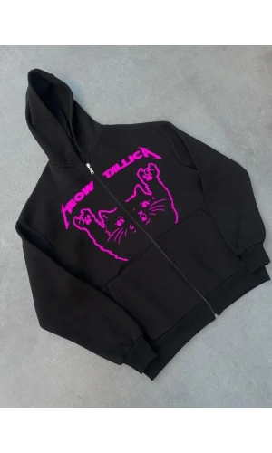 Bidebuvar Kışlık Baskılı Fermuarlı Kapüşonlu Hırka - Siyah