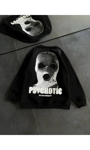 Bidebuvar Kışlık Bisiklet Yaka Baskılı SweatShirt - Siyah