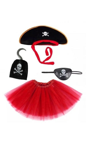 Bidebuvar Kız Çocuk Korsan Kostüm Seti - Şapka Etek Kanca Maske