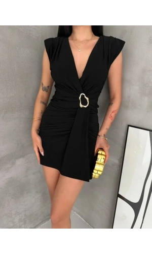 Bidebuvar Kruvaze Drapeli Tokalı Mini Elbise Şık Gece Davet Abiye - Siyah