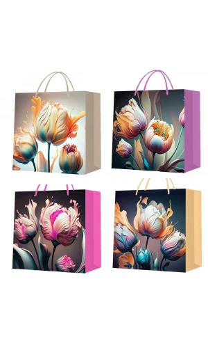 Bidebuvar Küçük Boy Lale Desenli Karton Hediye Çantası