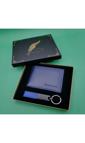 Bidebuvar Kutulu Mavi Deri Cüzdan Ve Anahtarlık Seti