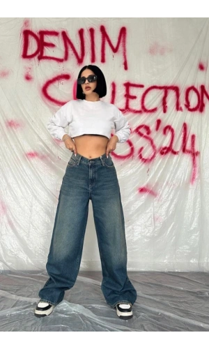 Bidebuvar Lacivert Geniş Paça Jeans Pantolon