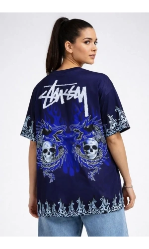 Bidebuvar Lacivert Oversize Tişört Dragon - Kuru Kafa Baskılı Bisiklet Yaka T-Shirt - Lacivert