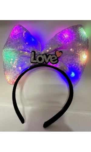 Bidebuvar Led Işıklı Gümüş Love Yazılı Lila Fiyonk Taç