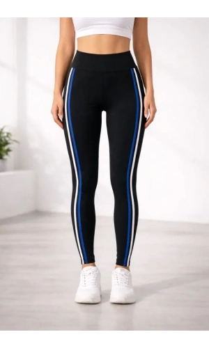 Bidebuvar Likralı Yan Beyaz Mavi Şeritli Detaylı Tayt - Siyah