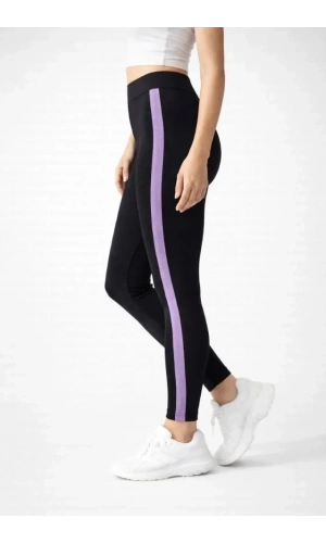 Bidebuvar Likralı Yan Lila Şeritli Detaylı Tayt - Siyah